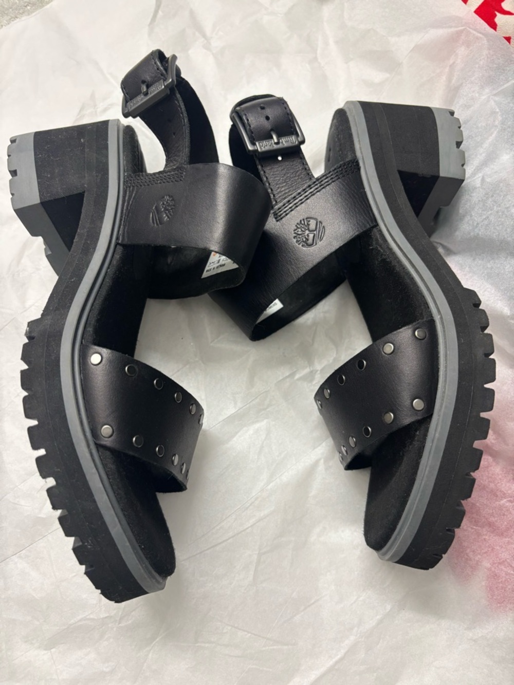 Timberland Black Studded Chunky Sandal Heels - Picture 4 of 8